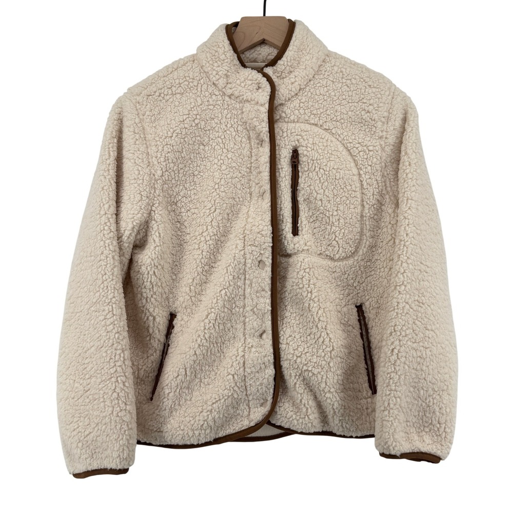 Universal Thread‎ Sherpa Fleece Fur Jacket Cream Women XS Brown Trim Snap Front